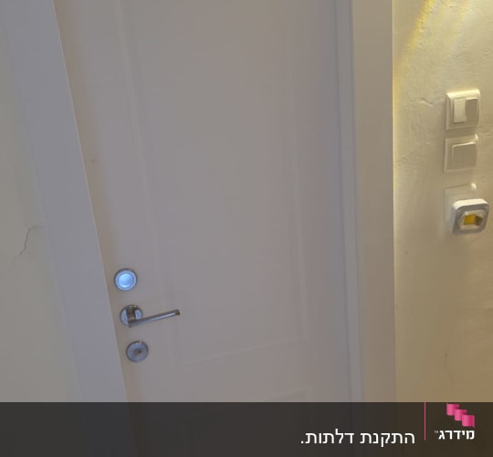 דלת לבנה עם ידית מתכת על קיר בהיר